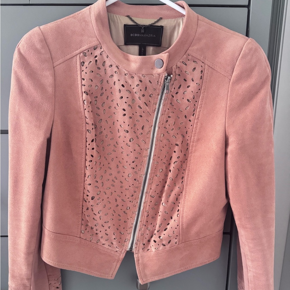 BCBGMaxAzria Blush Pink Perforated Suede Moto Jacket